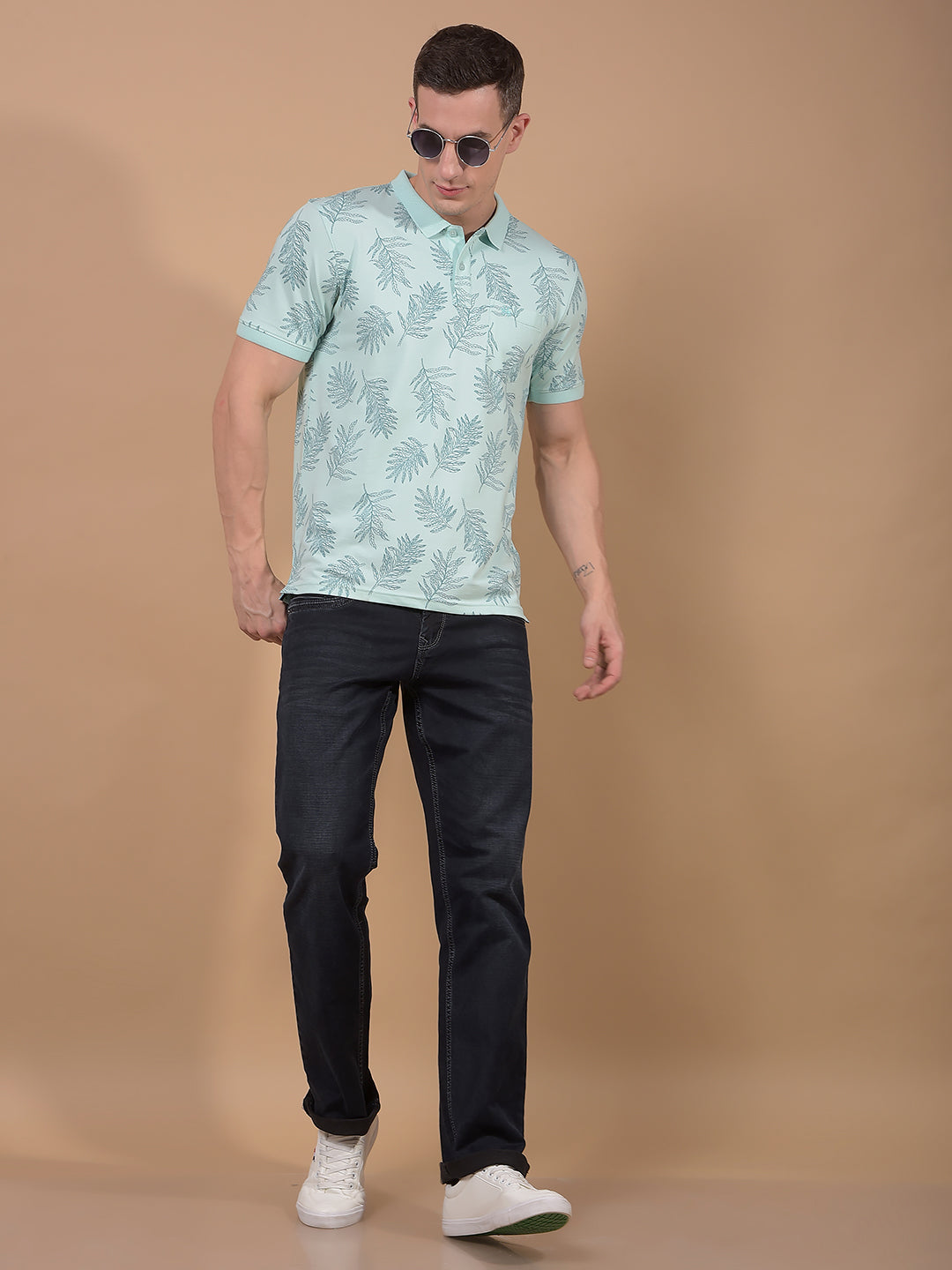 Green Floral Print Polo Neck T-Shirt-Men T-Shirts-Crimsoune Club