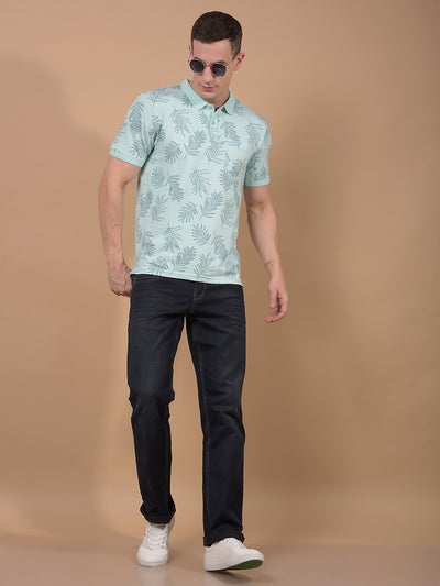 Green Floral Print Polo Neck T-Shirt-Men T-Shirts-Crimsoune Club