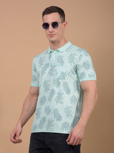 Green Floral Print Polo Neck T-Shirt-Men T-Shirts-Crimsoune Club