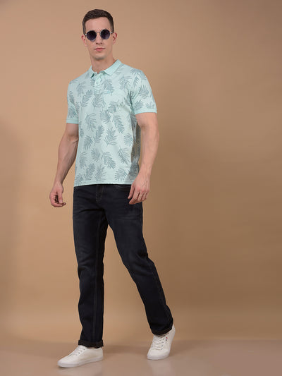 Green Floral Print Polo Neck T-Shirt-Men T-Shirts-Crimsoune Club