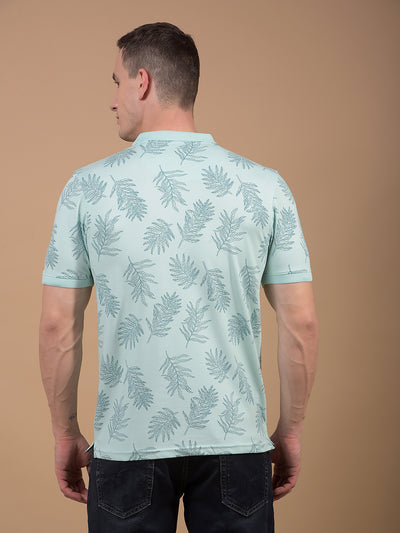 Green Floral Print Polo Neck T-Shirt-Men T-Shirts-Crimsoune Club