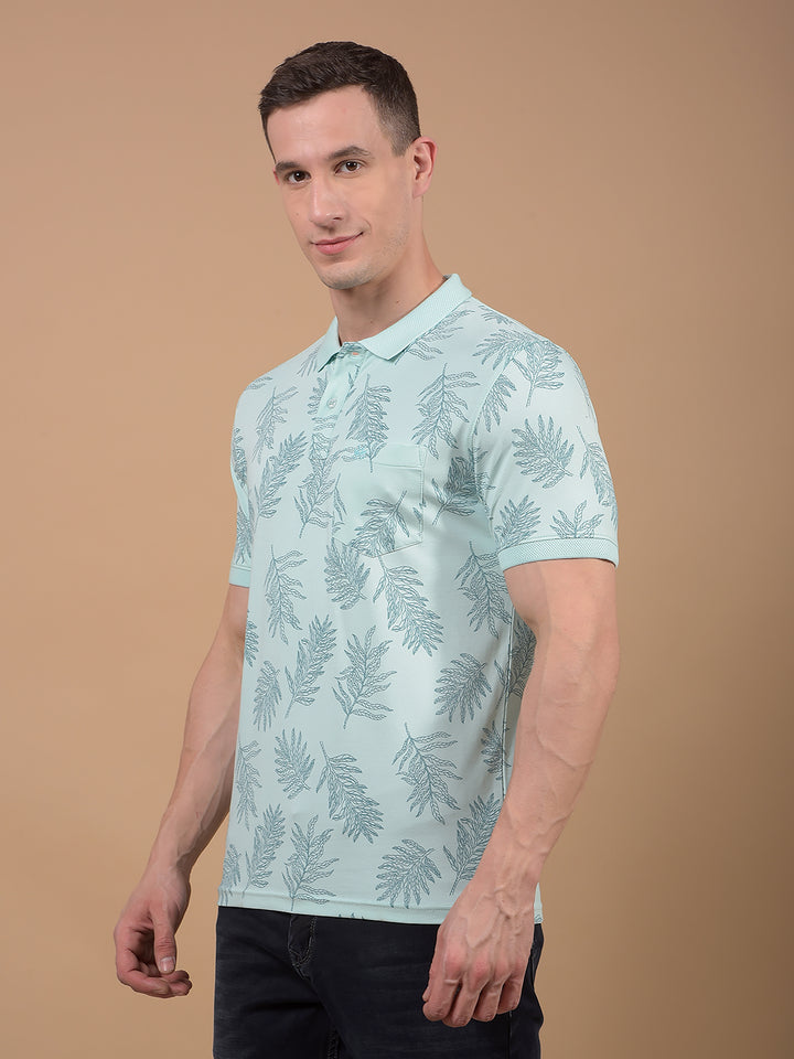 Green Floral Print Polo Neck T-Shirt-Men T-Shirts-Crimsoune Club