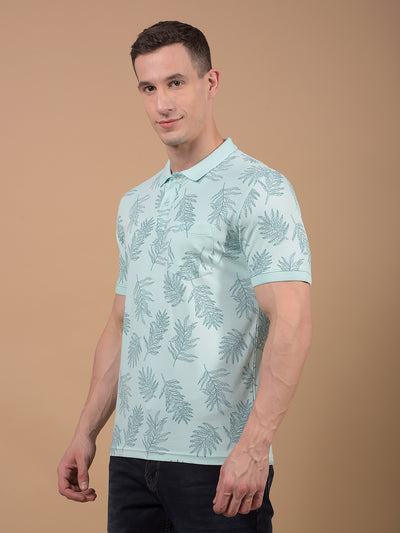 Green Floral Print Polo Neck T-Shirt-Men T-Shirts-Crimsoune Club