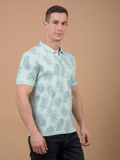 Green Floral Print Polo Neck T-Shirt-Men T-Shirts-Crimsoune Club