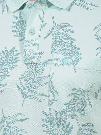 Green Floral Print Polo Neck T-Shirt-Men T-Shirts-Crimsoune Club