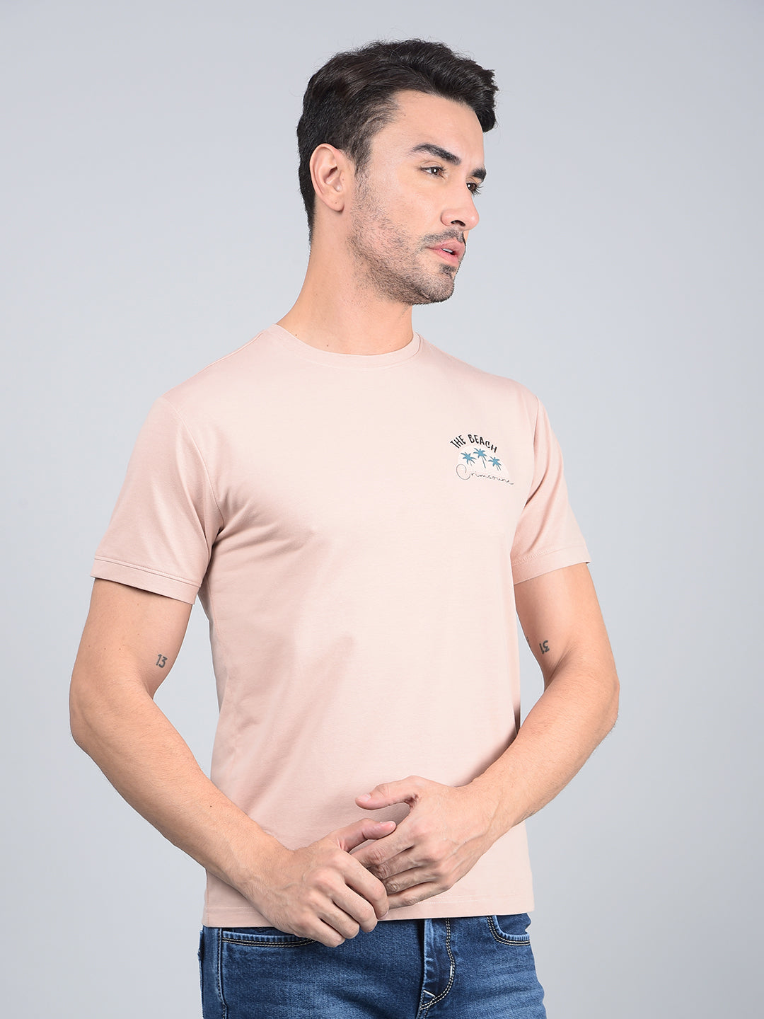 Peach Graphic Print T-Shirt-Men T-Shirts-Crimsoune Club