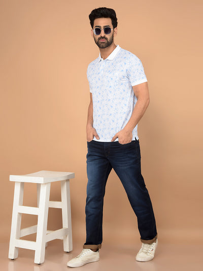 Blue Floral Print Polo Neck T-Shirt-Men T-Shirts-Crimsoune Club