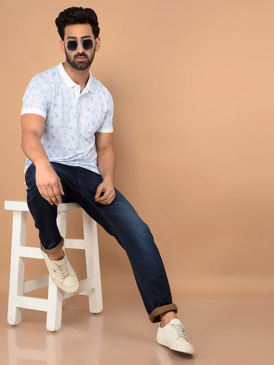 Blue Floral Print Polo Neck T-Shirt-Men T-Shirts-Crimsoune Club