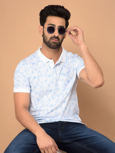 Blue Floral Print Polo Neck T-Shirt-Men T-Shirts-Crimsoune Club