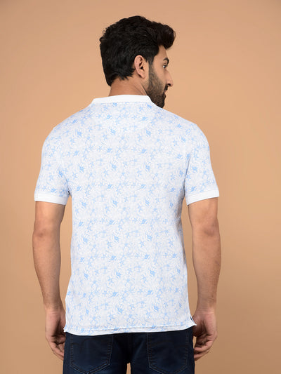 Blue Floral Print Polo Neck T-Shirt-Men T-Shirts-Crimsoune Club