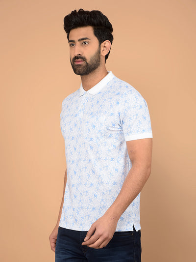 Blue Floral Print Polo Neck T-Shirt-Men T-Shirts-Crimsoune Club