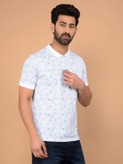 Blue Floral Print Polo Neck T-Shirt-Men T-Shirts-Crimsoune Club
