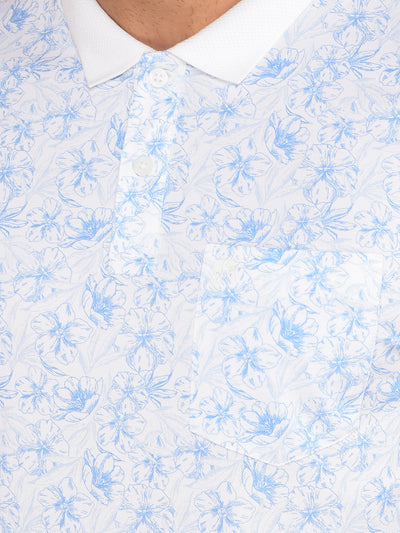 Blue Floral Print Polo Neck T-Shirt-Men T-Shirts-Crimsoune Club