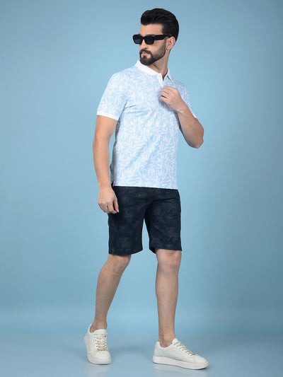 Blue Floral Print Polo-Neck T-Shirt-Men T-Shirts-Crimsoune Club