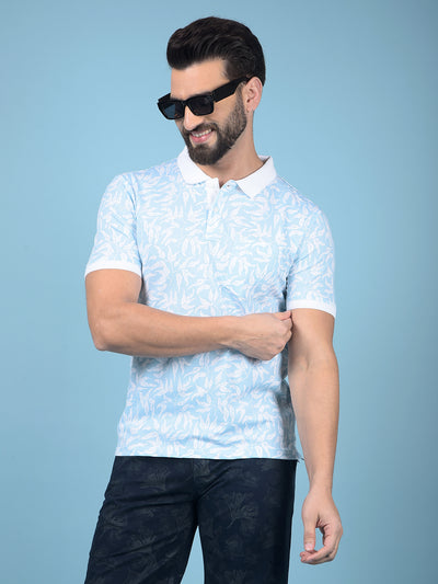 Blue Floral Print Polo-Neck T-Shirt-Men T-Shirts-Crimsoune Club