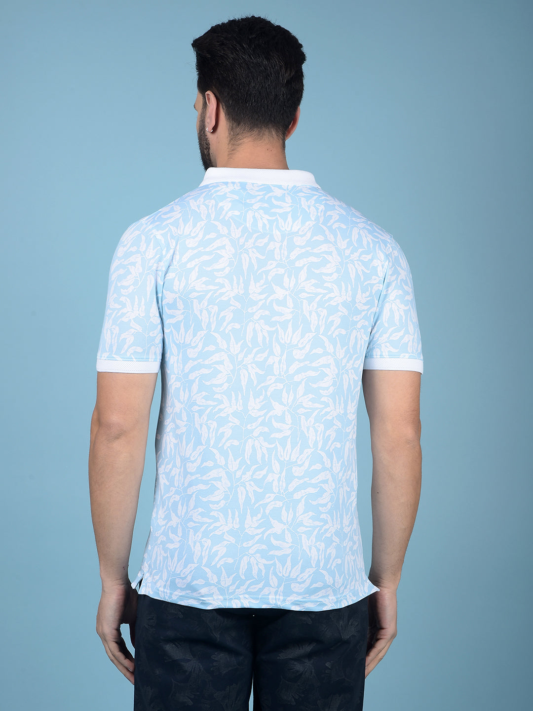Blue Floral Print Polo-Neck T-Shirt-Men T-Shirts-Crimsoune Club