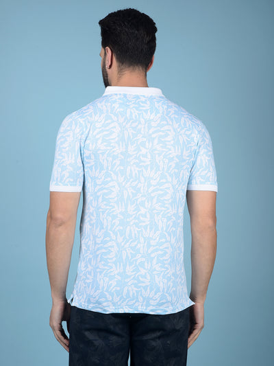 Blue Floral Print Polo-Neck T-Shirt-Men T-Shirts-Crimsoune Club