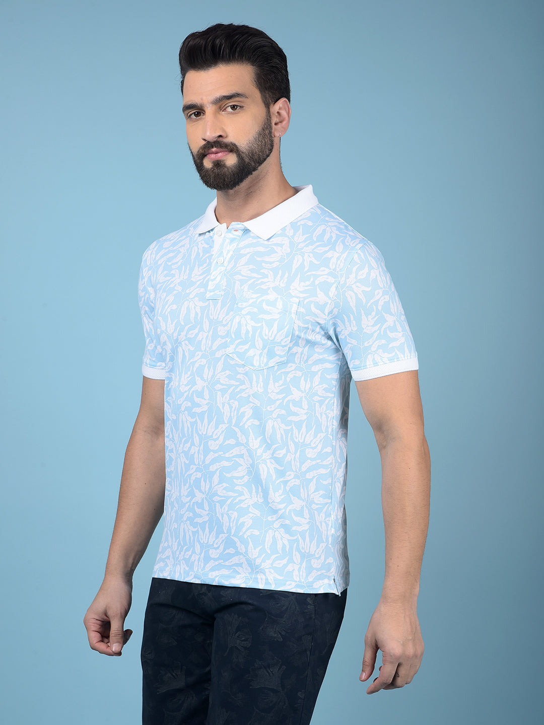 Blue Floral Print Polo-Neck T-Shirt-Men T-Shirts-Crimsoune Club