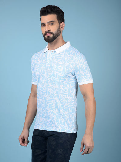 Blue Floral Print Polo-Neck T-Shirt-Men T-Shirts-Crimsoune Club
