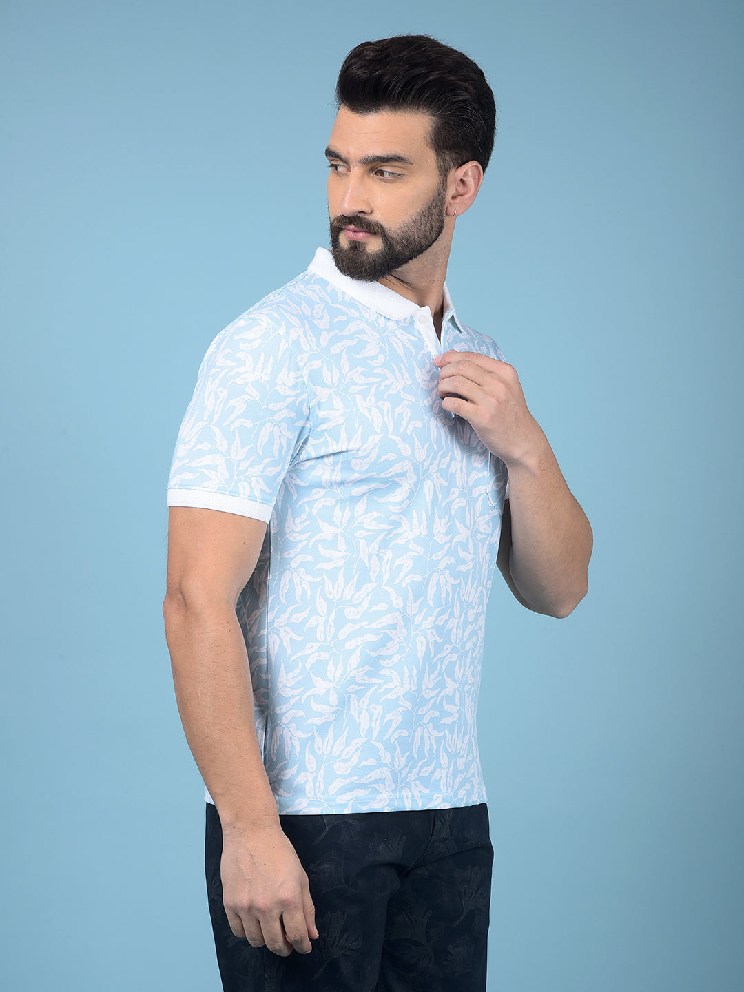 Blue Floral Print Polo-Neck T-Shirt-Men T-Shirts-Crimsoune Club