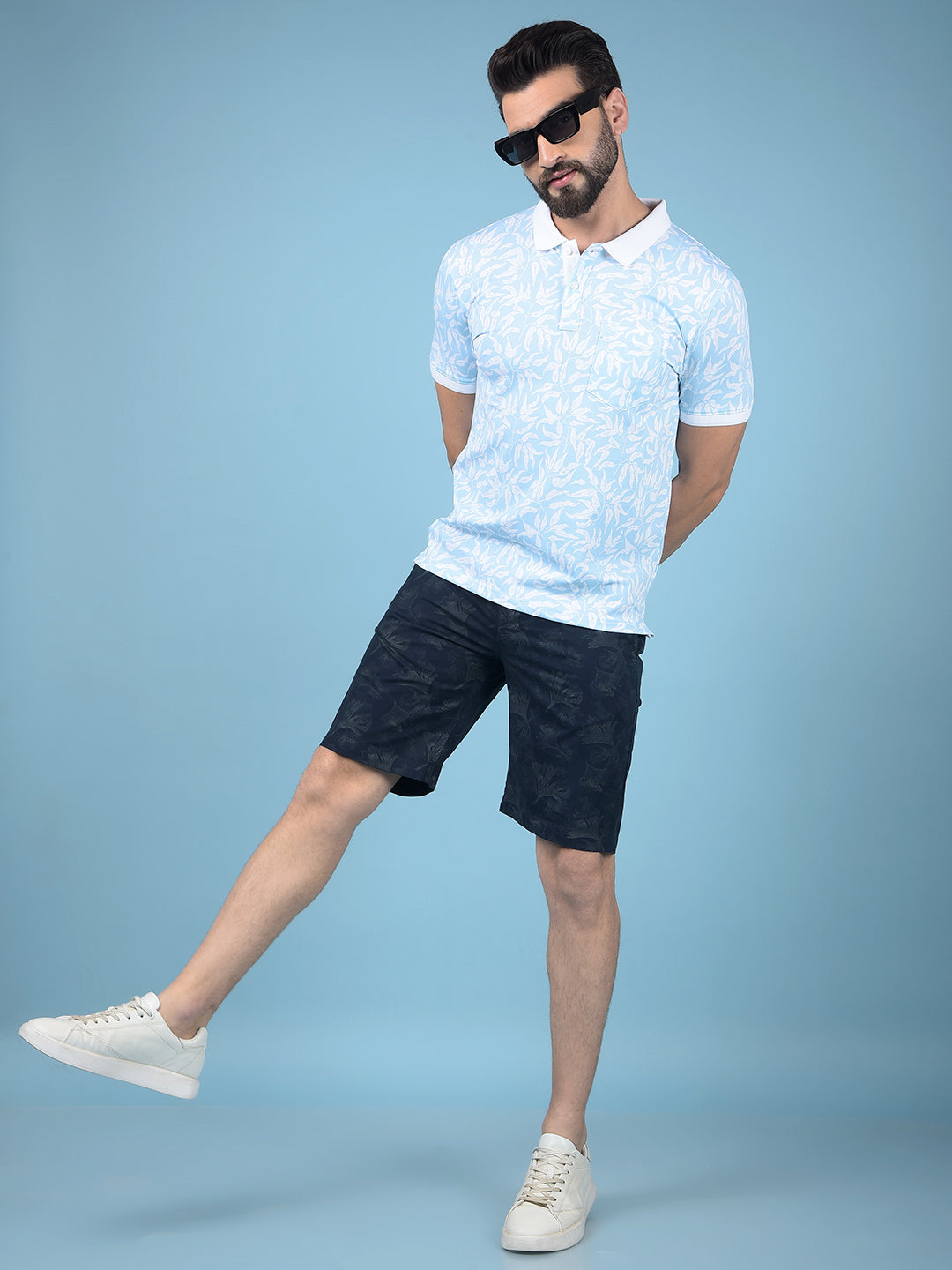 Blue Floral Print Polo-Neck T-Shirt-Men T-Shirts-Crimsoune Club