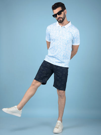 Blue Floral Print Polo-Neck T-Shirt-Men T-Shirts-Crimsoune Club