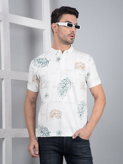 White Floral Print Polo Neck T-Shirt-Men T-Shirts-Crimsoune Club