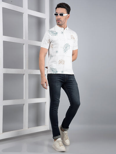 White Floral Print Polo Neck T-Shirt-Men T-Shirts-Crimsoune Club