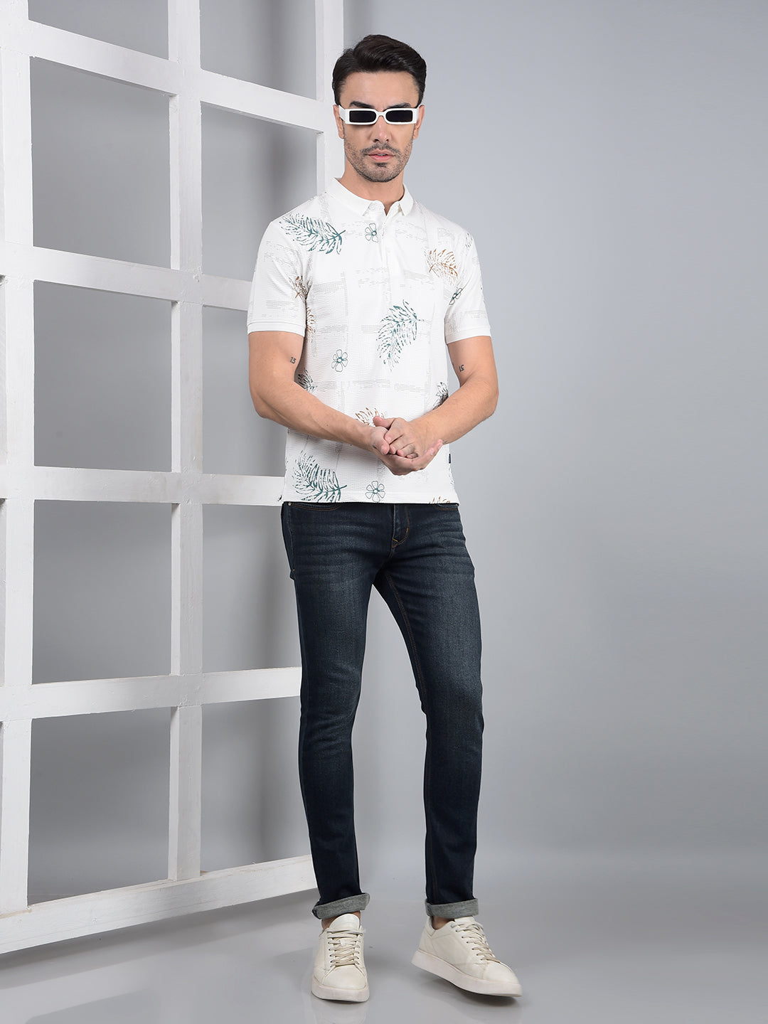White Floral Print Polo Neck T-Shirt-Men T-Shirts-Crimsoune Club