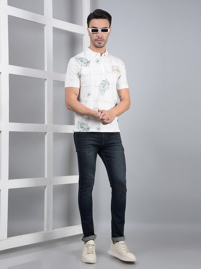 White Floral Print Polo Neck T-Shirt-Men T-Shirts-Crimsoune Club