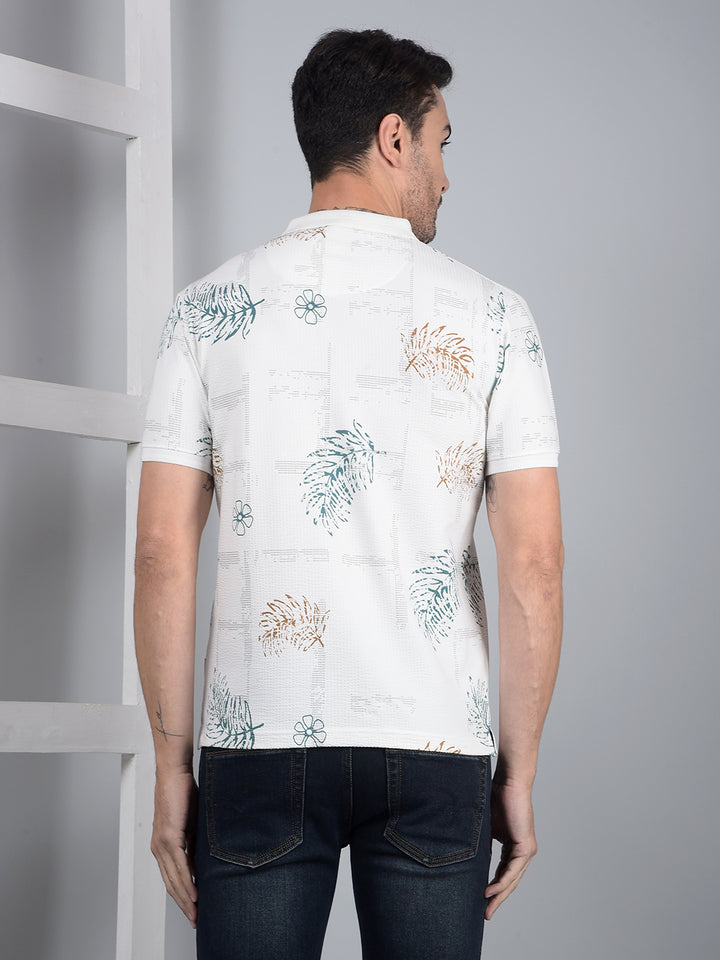 White Floral Print Polo Neck T-Shirt-Men T-Shirts-Crimsoune Club
