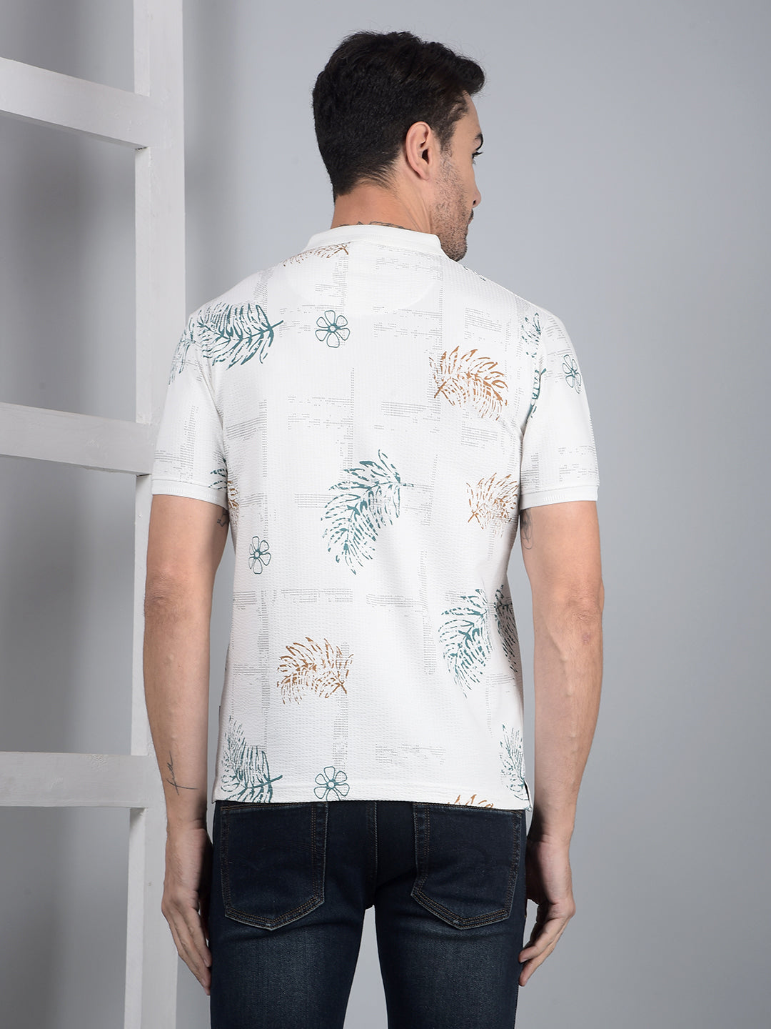 White Floral Print Polo Neck T-Shirt-Men T-Shirts-Crimsoune Club