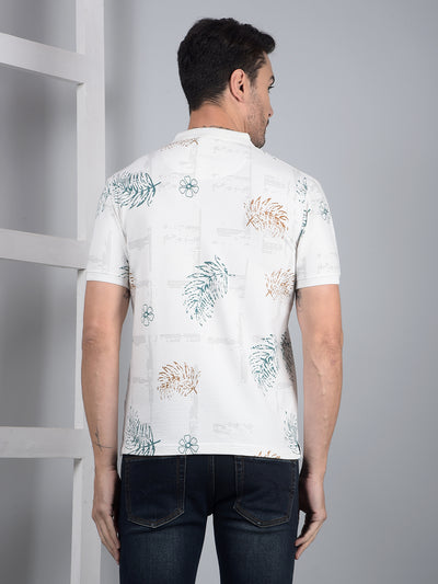 White Floral Print Polo Neck T-Shirt-Men T-Shirts-Crimsoune Club