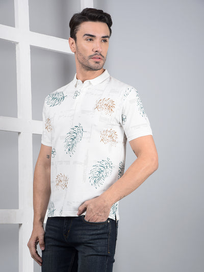 White Floral Print Polo Neck T-Shirt-Men T-Shirts-Crimsoune Club