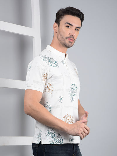 White Floral Print Polo Neck T-Shirt-Men T-Shirts-Crimsoune Club