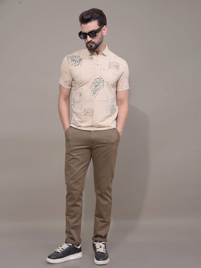 Beige Floral Print Polo Neck T-Shirt-Men T-Shirts-Crimsoune Club