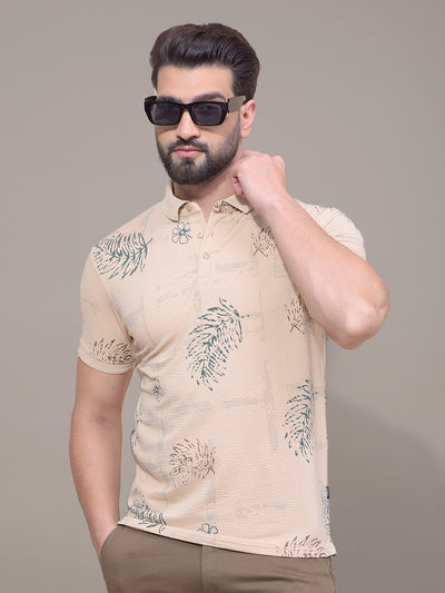 Beige Floral Print Polo Neck T-Shirt-Men T-Shirts-Crimsoune Club