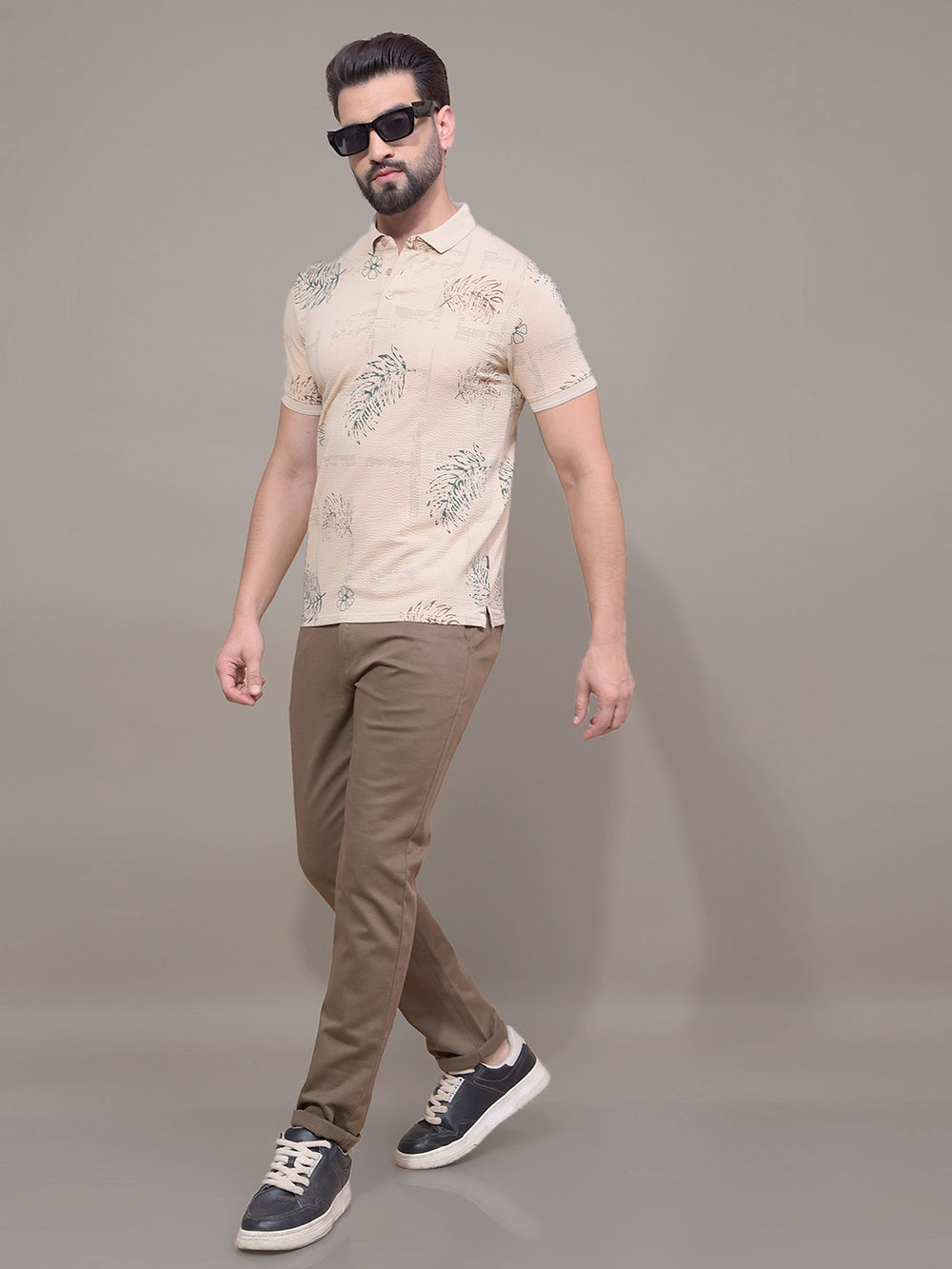 Beige Floral Print Polo Neck T-Shirt-Men T-Shirts-Crimsoune Club