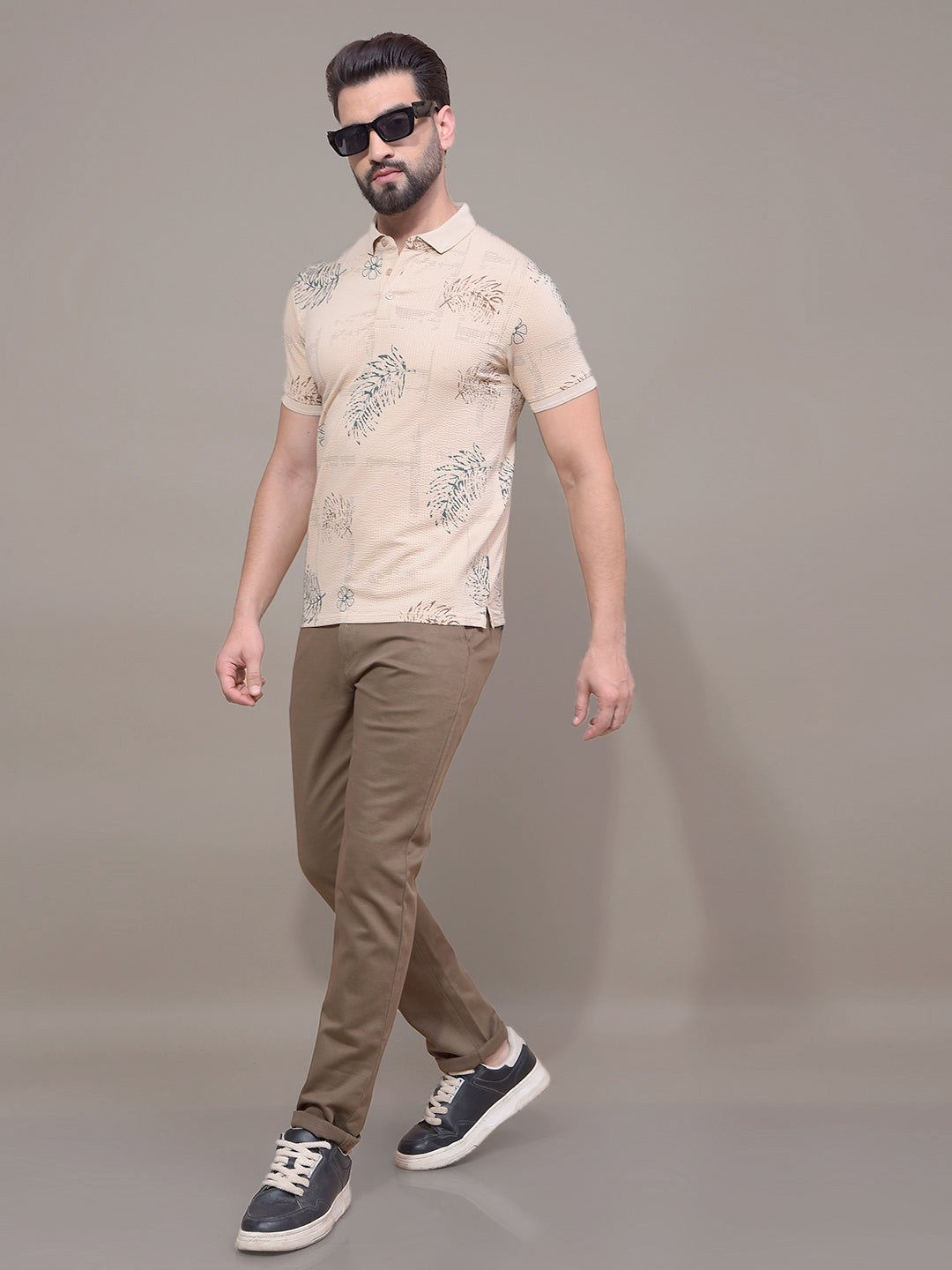Beige Floral Print Polo Neck T-Shirt-Men T-Shirts-Crimsoune Club