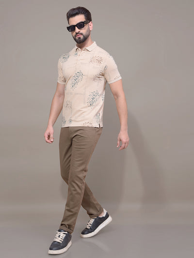 Beige Floral Print Polo Neck T-Shirt-Men T-Shirts-Crimsoune Club