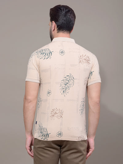 Beige Floral Print Polo Neck T-Shirt-Men T-Shirts-Crimsoune Club