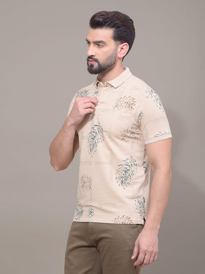 Beige Floral Print Polo Neck T-Shirt-Men T-Shirts-Crimsoune Club