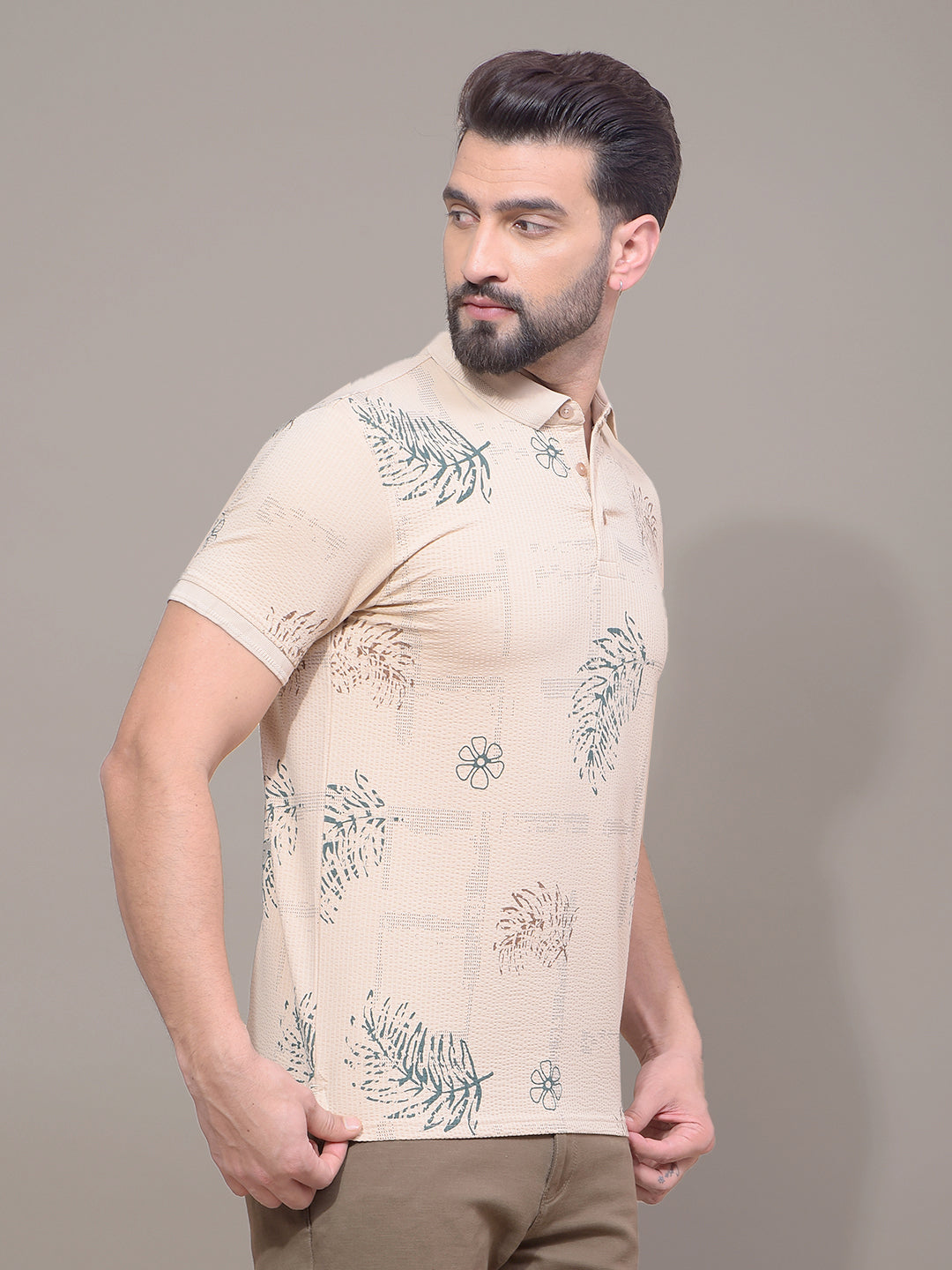 Beige Floral Print Polo Neck T-Shirt-Men T-Shirts-Crimsoune Club