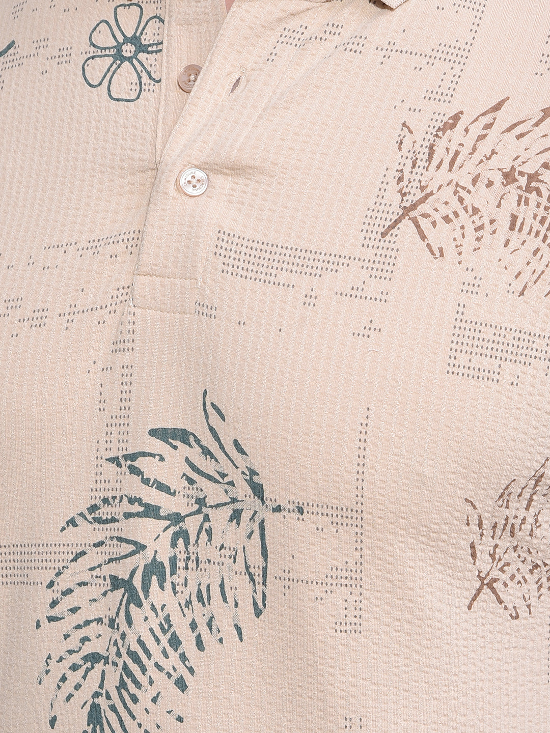 Beige Floral Print Polo Neck T-Shirt-Men T-Shirts-Crimsoune Club