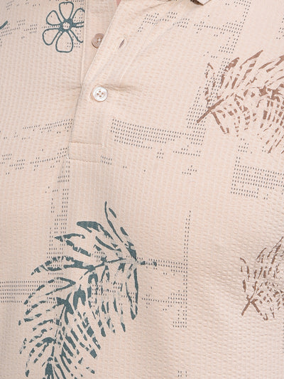 Beige Floral Print Polo Neck T-Shirt-Men T-Shirts-Crimsoune Club