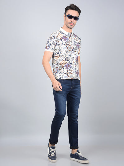 Navy Blue Printed Polo Neck Cotton T-Shirt-Men T-Shirts-Crimsoune Club