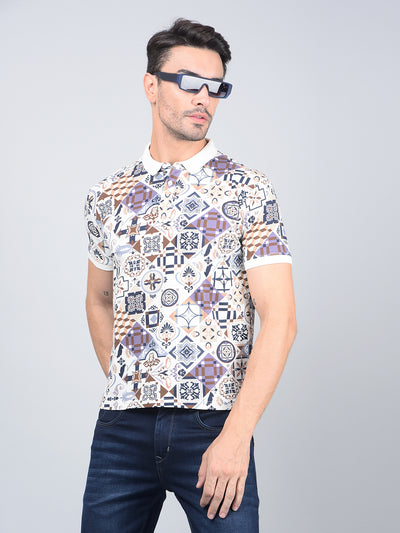 Navy Blue Printed Polo Neck Cotton T-Shirt-Men T-Shirts-Crimsoune Club