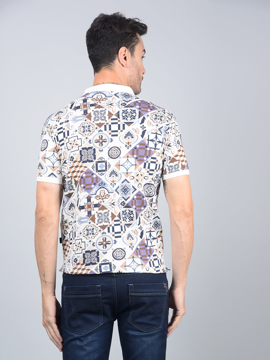 Navy Blue Printed Polo Neck Cotton T-Shirt-Men T-Shirts-Crimsoune Club