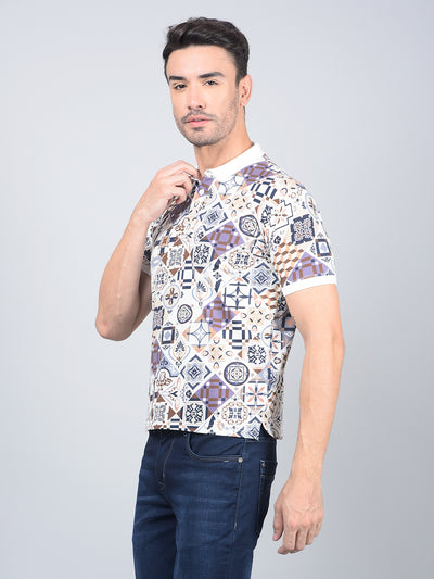 Navy Blue Printed Polo Neck Cotton T-Shirt-Men T-Shirts-Crimsoune Club