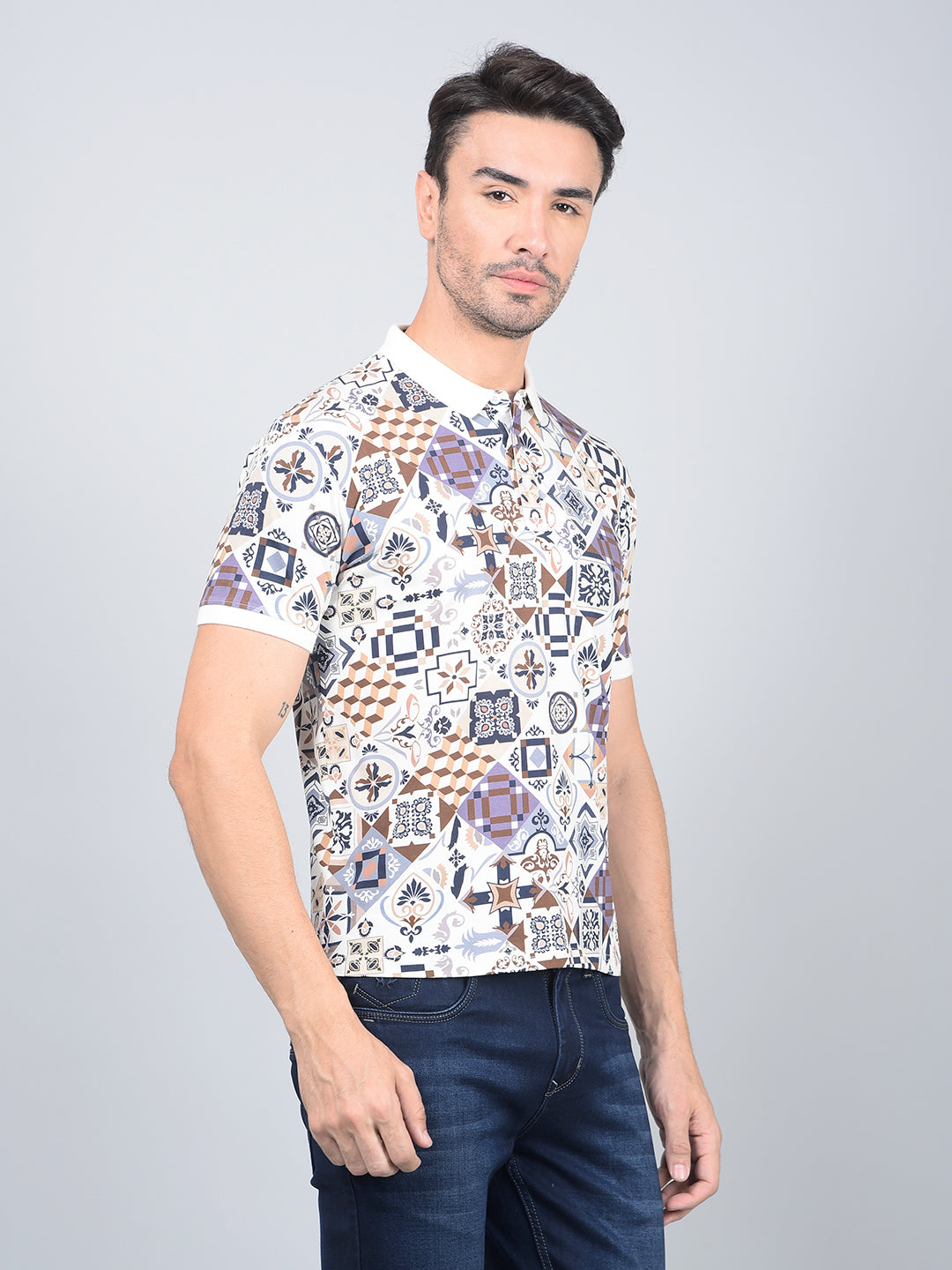 Navy Blue Printed Polo Neck Cotton T-Shirt-Men T-Shirts-Crimsoune Club
